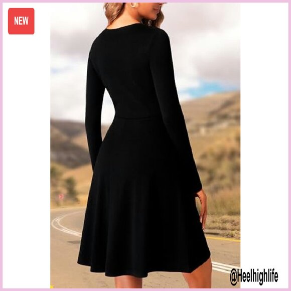 Long Sleeve Ribbed Knit A-Line Dress Elastic Waist Casual Winter - Picture 3 of 7